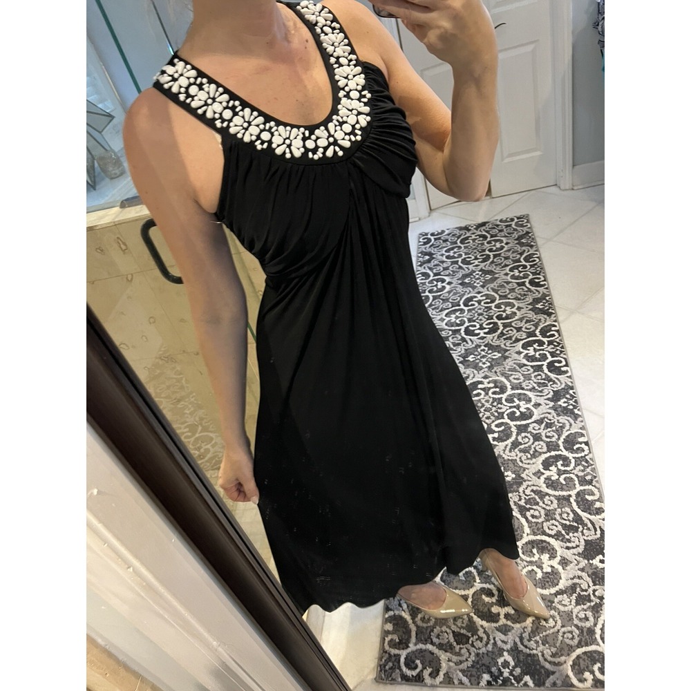 Soft Surroundings Black White Gown Empire Beaded  Stretch Maxi Dress Size XSP
